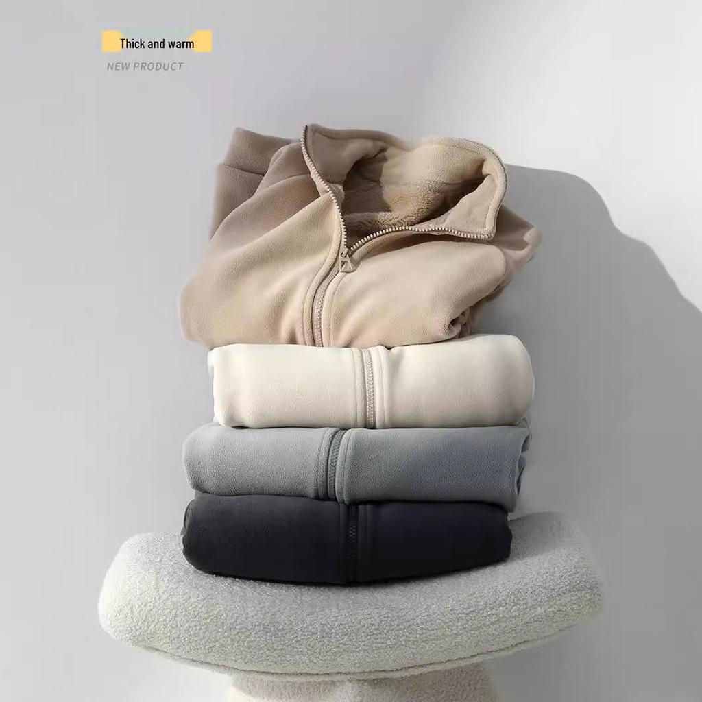 Yi Han Meng Women's Fleece Lined Zip-Up Cardigan - Warm, Korean Style Autumn/Winter Casual Sweatshirt with Stand Collar