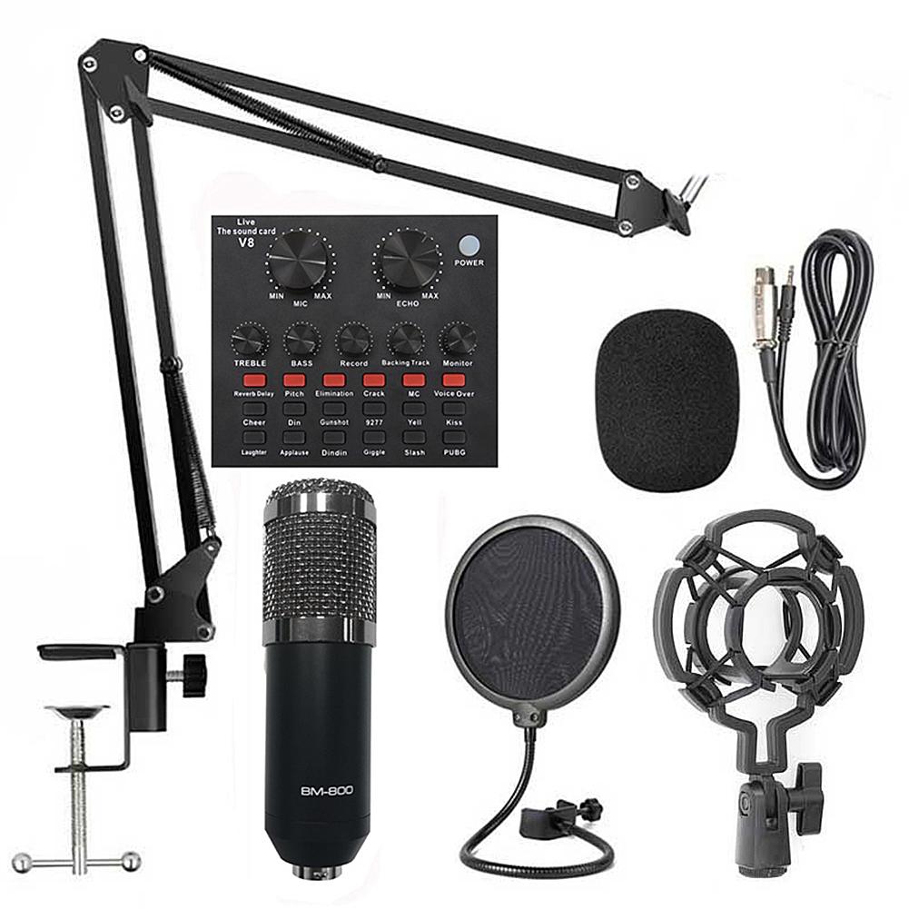 

Комплект оборудования для подкаста с консольной стойкой, конденсаторным микрофоном для подкаста, звуковой картой V8 Live и конденсаторным микрофоном BM-800 чёрный