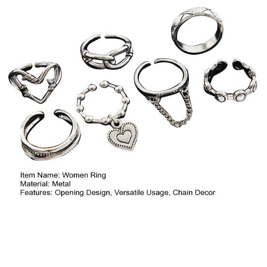 1 Set Women Ring Heart Shape Chain Decor Opening Design Metal Finger Ring Dates Parties Jewelry Accessory