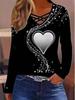 Women's Casual Heart Pattern Long Sleeve Autumn Top with Fork Collar