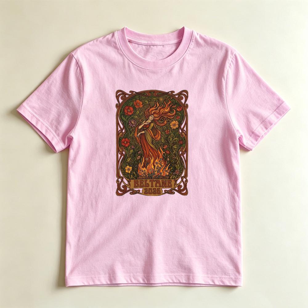 Vintage Art Nouveau Beltane TShirt Pagan Fire Festival Goddess Graphic Tee Witchy Floral Nature Inspired Casual Unisex Shirt