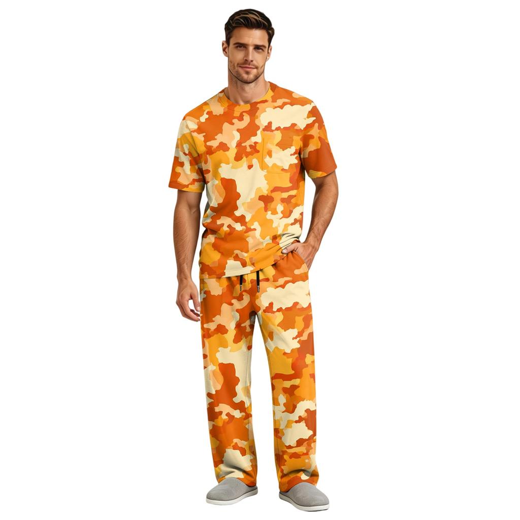 Herren Kurzarm-Schlafanzug-Set mit langer Hose, Schrittknopf und elastischem Kordelzugbund für zu Hause
