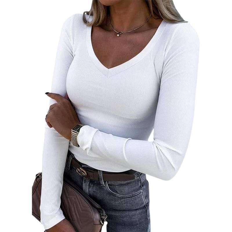 New Popular Style Thread Pit Strip Slim Long Long Sleeve Sexy V-neck Casual Women's T-shirt