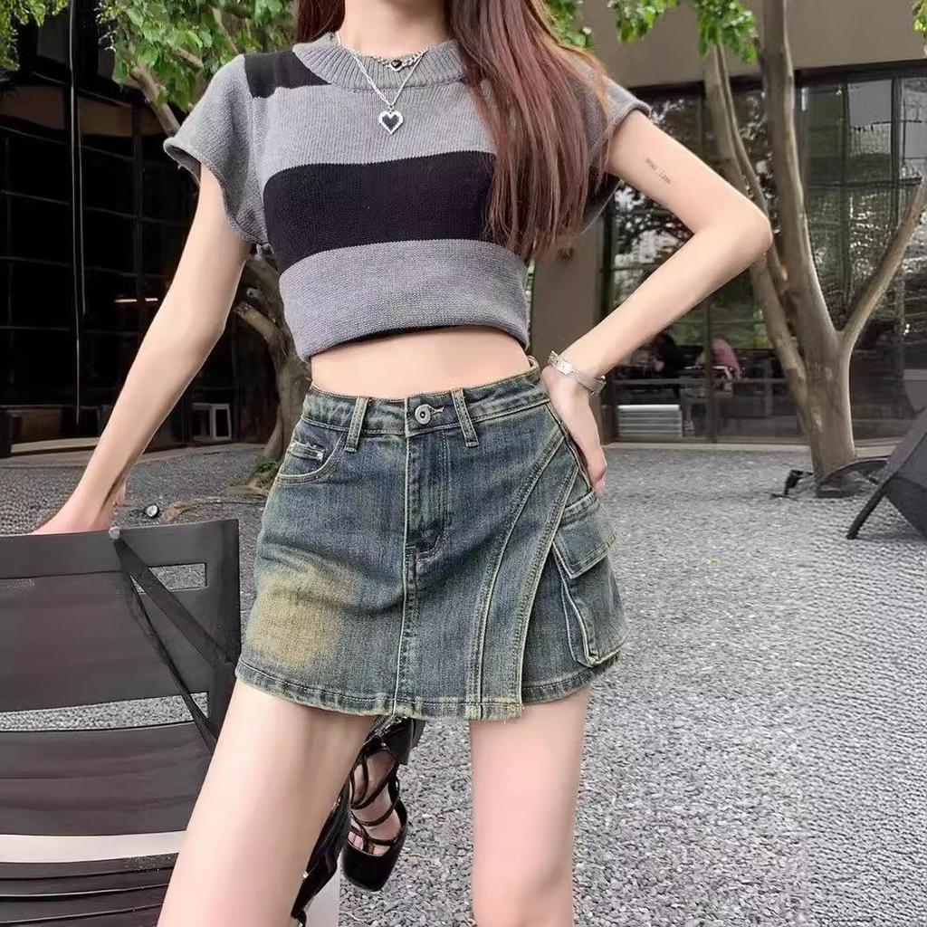 Dam Högmidjad Retro Denim A-linjekjol - Oregelbunden Slim Fit, Trendig Sommarstil