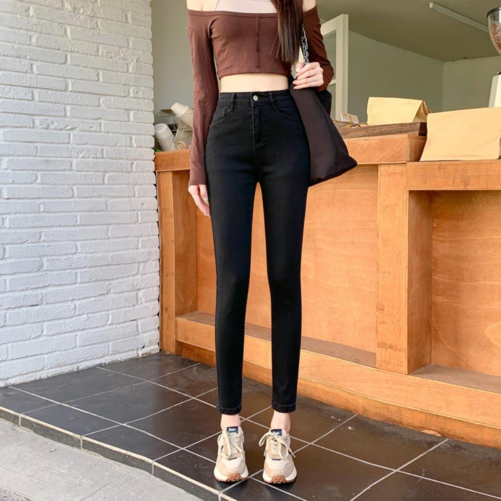 

Personalized Casual High-waisted Elastic Slim-fitting Jeans Women s Autumn and Winter New Thin and High Small-footed Jeans 26 чёрный