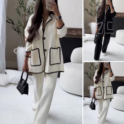 2 Pcs/Set Women Autumn Shirt Pants Set Turn-down Collar Single-breasted Long Sleeves Patchwork Top Wide Leg Loose Trousers Homewear Casual Outfit