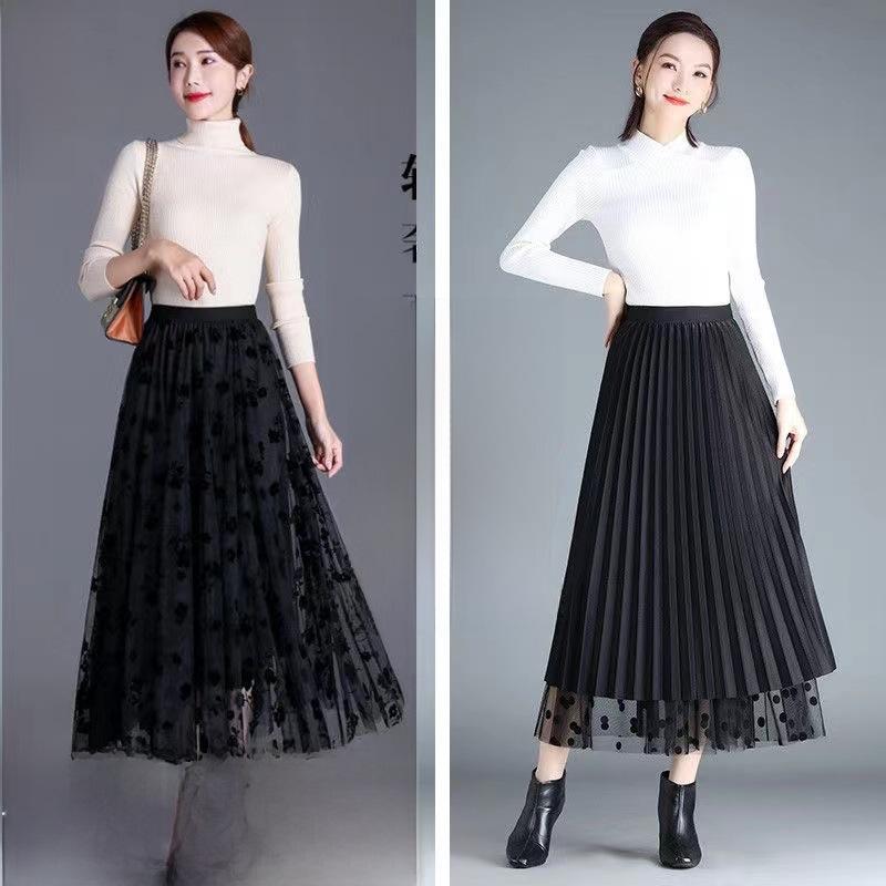 Women's High-Waisted Double-Sided Flocked Mesh Pleated A-Line Midi Skirt - New Slimming Spring Style