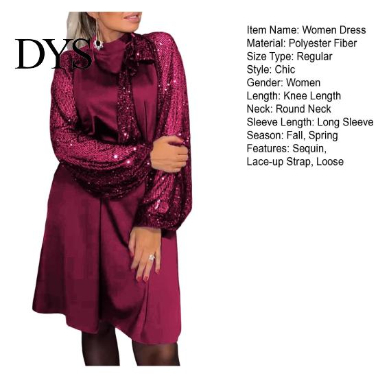 Sequin Embellished Dress Women Round Neck Lace-up Strap Shiny Patchwork Long Sleeves Midi Spring Party Loose Solid Color Knee Length Autumn