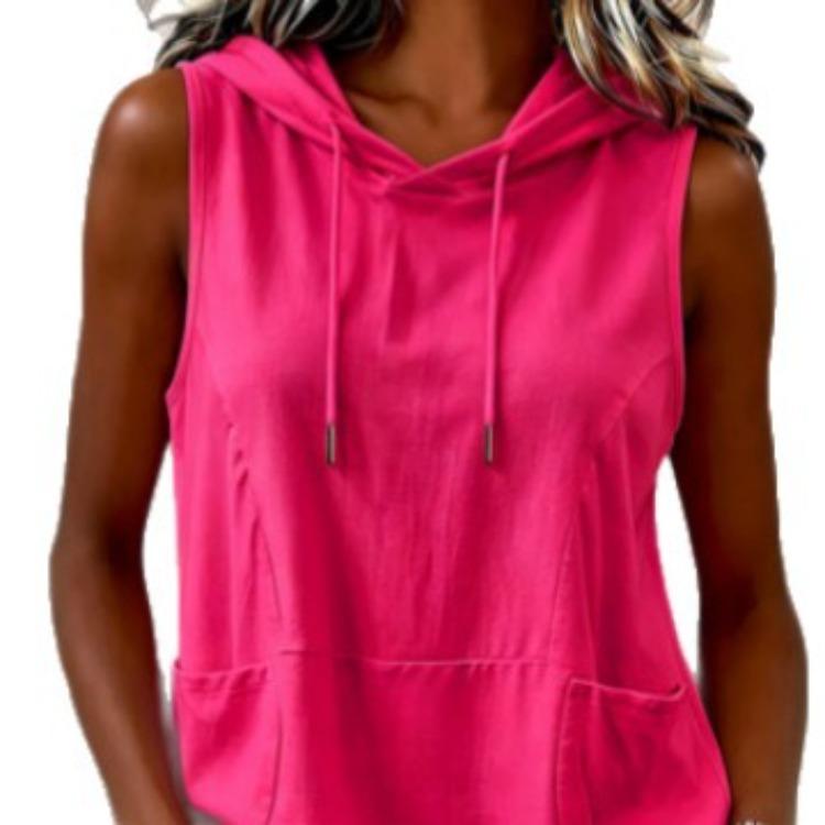Women Sleeveless Hooded Tank Top V Neck Front Pocket Casual Loose Fit Blouse Solid Color Summer Shirt