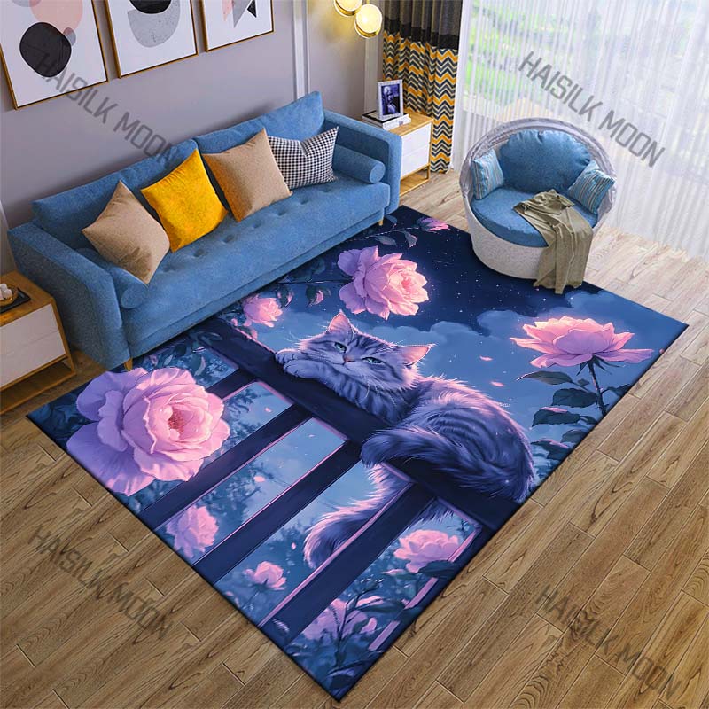 1pz Recinzione di rose al chiaro di luna gatto rilassato Tappeto per Soggiorno Camera da letto Divano Decorazioni per la casa Rus Tappetino Antiscivolo Regalo di Lusso