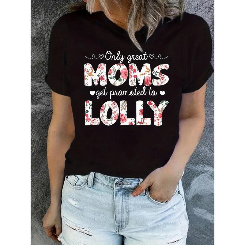 

Women S Casual MOMS GET PROMOTED TO LOLLY Graphic T-Shirt - Spring/Summer Crew Neck, Short Sleeve, Floral & Heart Design, Light Gray, 4XL чорний