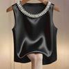 Damenweste Rundhalsausschnitt Imitierte Perlen Verziert Ärmellos Oberteile Glattes Satin Weiche Oberteile Lockerer Schnitt Freizeitoberteile Party Urlaub Tägliche Kleidung