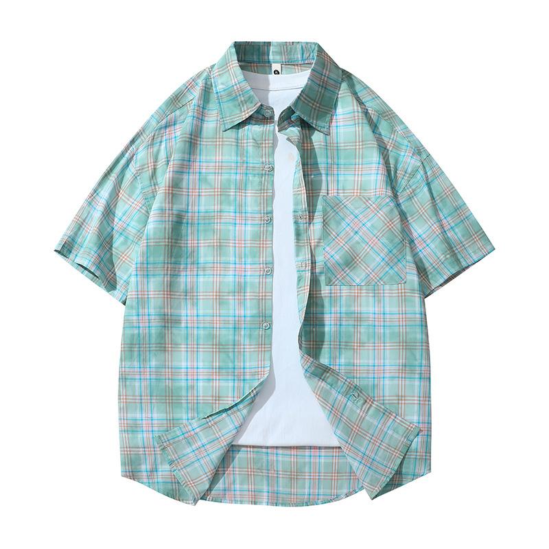

Летняя рубашка в клетку из чистого хлопка для пары, повседневная, с коротким рукавом, универсальная, свободного кроя, с рукавом до локтя S зелёный