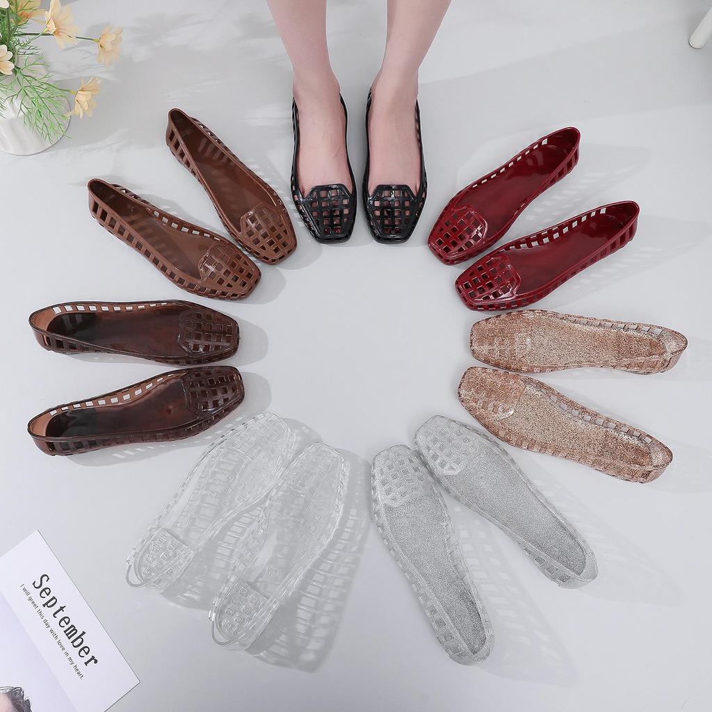 Korean-Style Square Toe Low-Cut Transparent Slip-On Women's Sandals