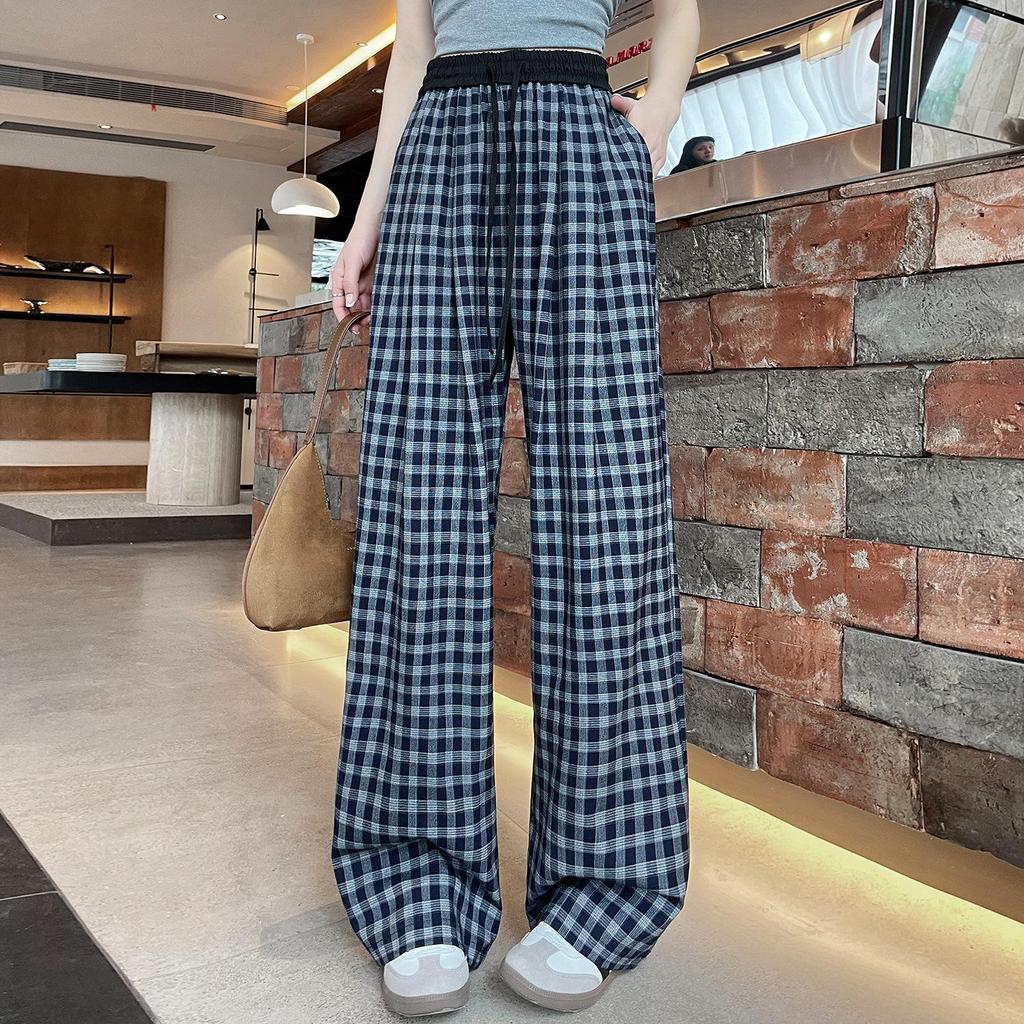 Retro Blue Plaid Wide-Leg Pants - Spring/Summer 2026 Collection, Lazy Style, Drapey Straight-Leg Casual Pants