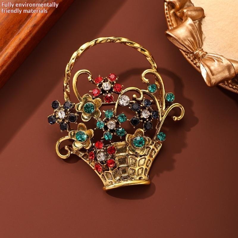Vintage Beautiful Flower Basket Brooches Alloy Rhinestone Plants Party Casual Brooch Pins Gifts