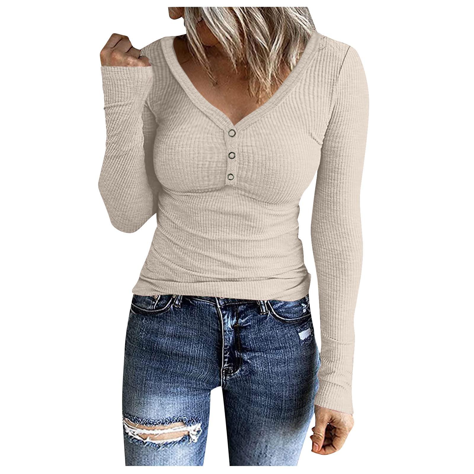 Women s Casual Long Sleeved V-neck Button Color Slim Fitting Top XXL бежевый