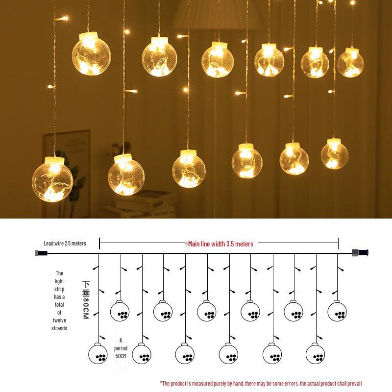 Twinkling LED Curtain Lights with Wishing Ball, Star, and Bell Accents for Christmas and Birthday Decor
