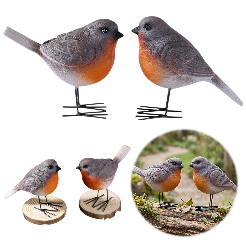 Set of 2 Resin Robin Bird Figurines Lifelike Couple Bird Statue Home Decor Desktop Ornament for Living Room Entryway