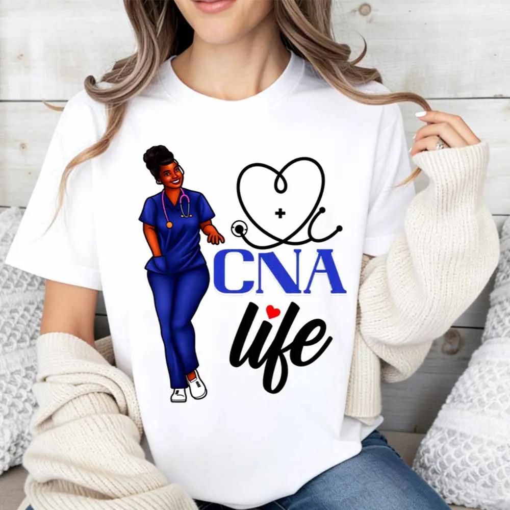 Cna Life Nurse with Stethoscope Heart Design T Shirt Women Casual Short Sleeve Top White