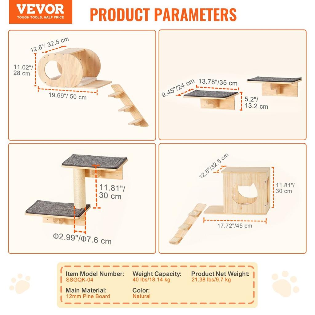 Wall Mounted Cat Shelves Tree with Jumping Boards Nests Hammock Set of 7