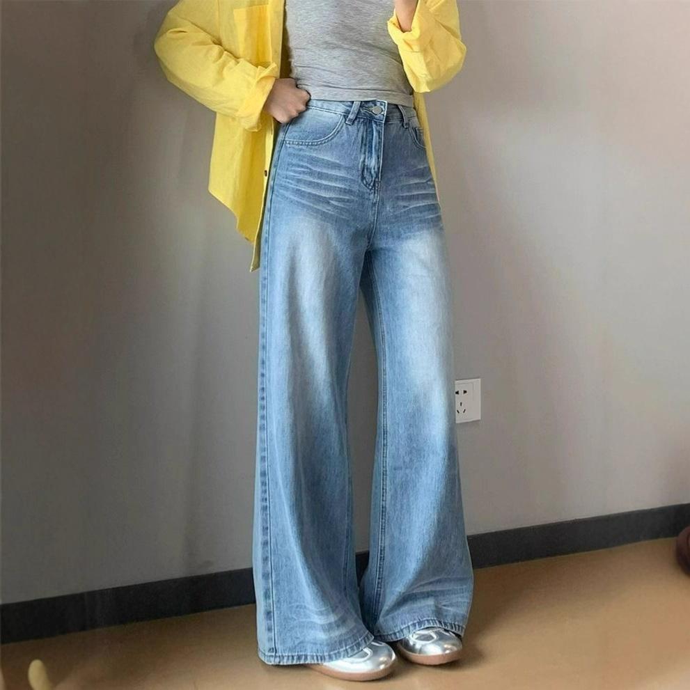 Fashionable Comfortable Vintage Blue Wide Leg Jeans Women High Waist Loose Cover Meat Thin Straight Trousers Jeans for Women Long Denim Pants
