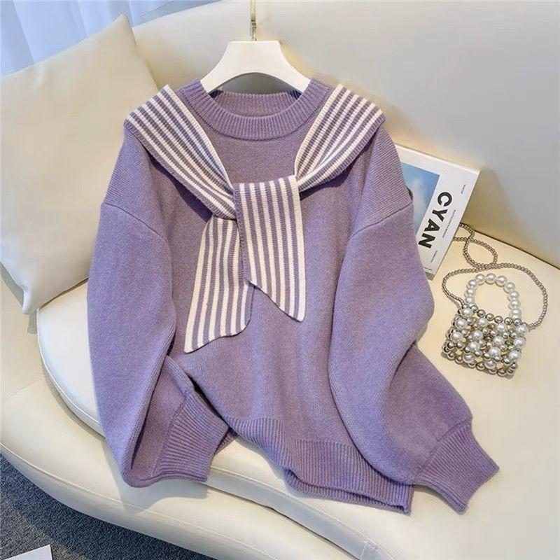 New Popular Round Neck Solid Color Scarf Knitted Sweater for Women Loose and Stylish Pullover Casual Sweater for Outdoor Wear