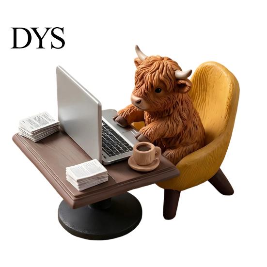 Bürodeko Hochlandrind/Waschbär-Thema Ornament, Miniatur-Tier-Schreibtischdekoration mit realistischen Heilungsfiguren für Laptop, Kaffee & Dokumente, B gray