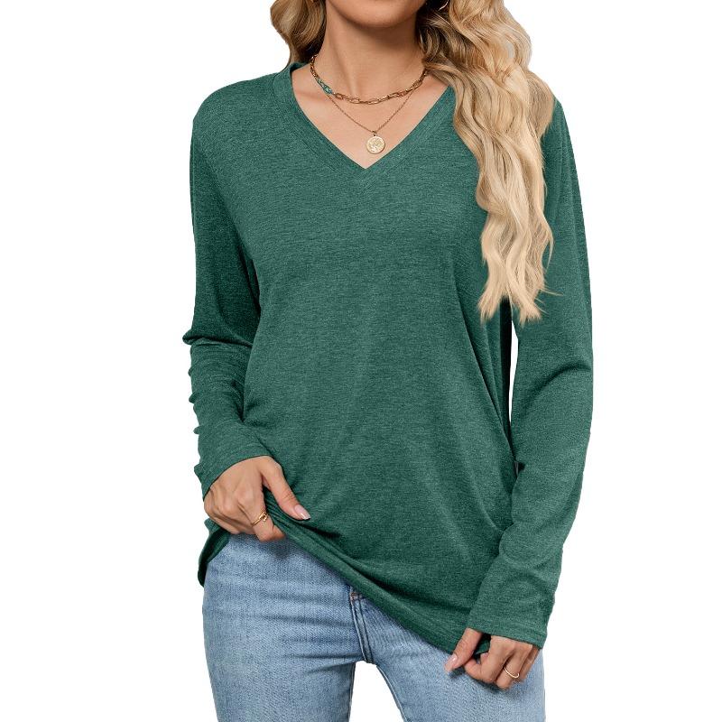 Autumn New Casual Pullover V-neck Solid Color Loose Long-sleeved T-shirt Top