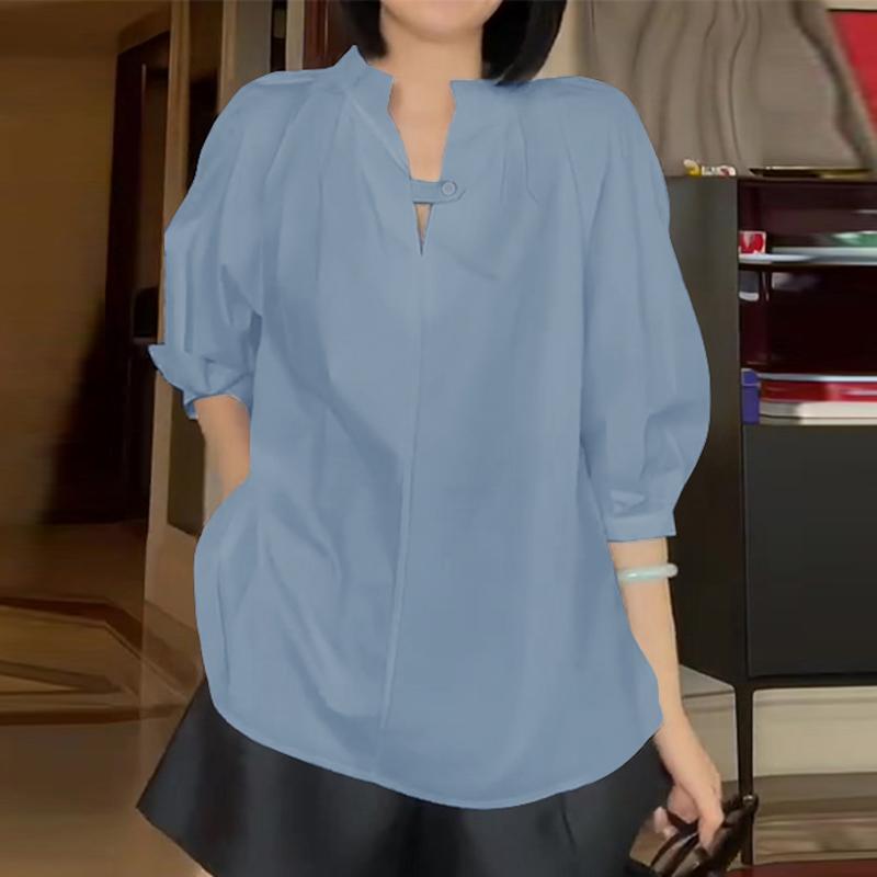 VONDA Women's Summer Standing Collar Bubble Short Sleeve Tie Button Solid Colour Loose Blouse