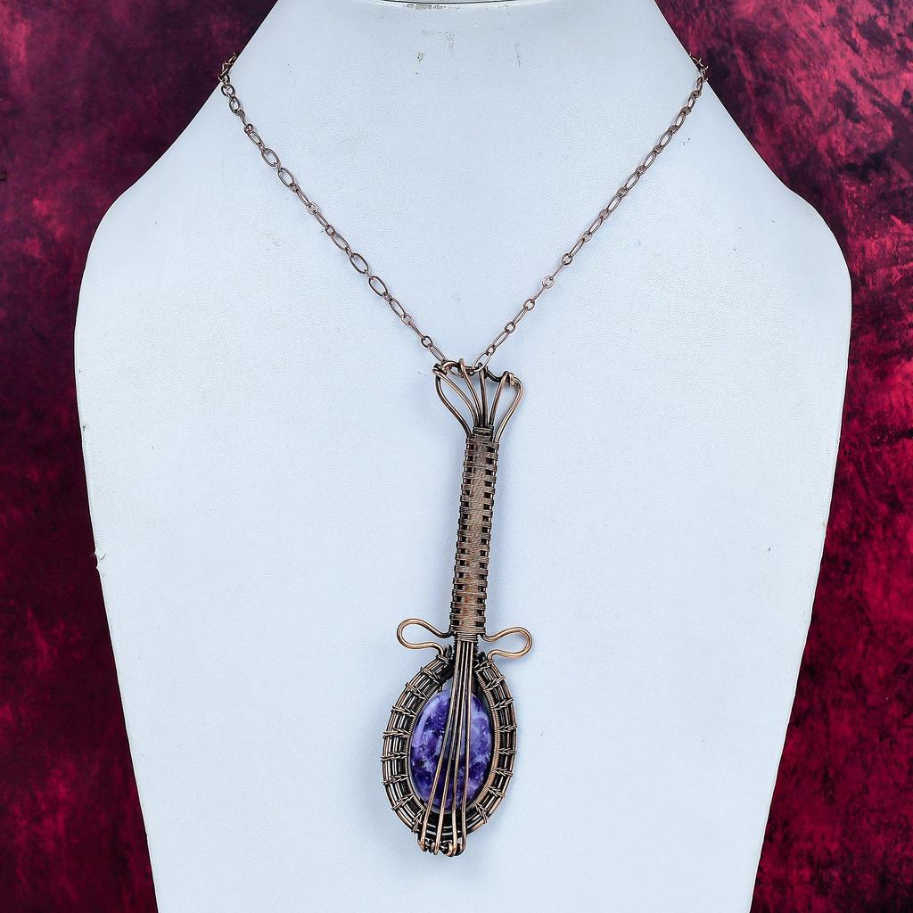 Lepidolite Pendant Copper Wire Wrapped Guitar Pendant Gemstone Handmade Jewelry