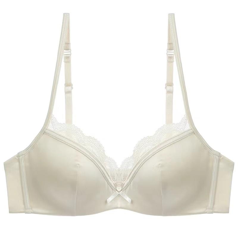 Cream Satin Bra with Lace Trim and Bow Detail S шампанского