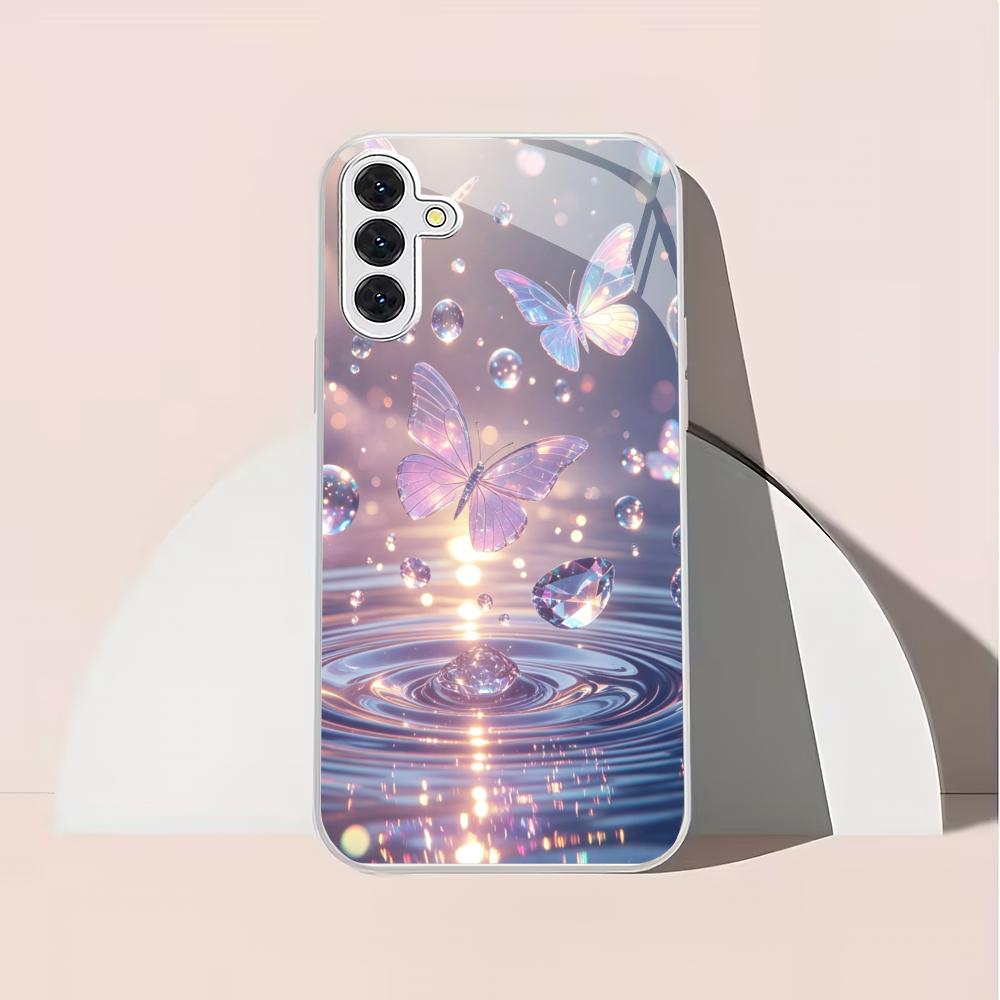 Fioletowy motyl posrebrzane szklane etui na telefon odpowiednie do Samsung Galaxy S26 S25 S24 S23 S22 S21 S20 FE/Ultra/Plus odporne na upadki