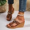 Bohemia Metal Decoration Wedge Heel Sandals Women 2025 Summer Round Toe Chunky Platform High Heel Slides Fashion Beach Slippers