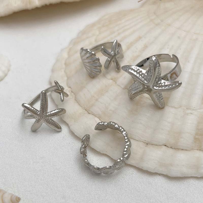 4Pcs/Set Boho Metal Starfish Open Rings For Women Men Exaggerated Gold Color Geometric Adjustable Ring Beach Jewelry Accessory