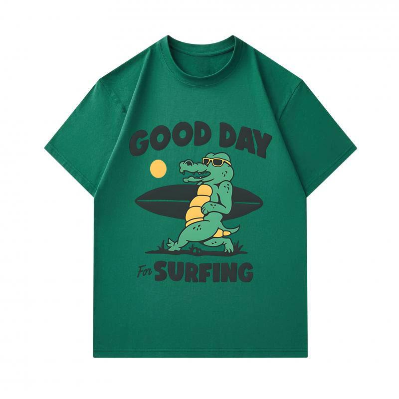 Men's 100% Cotton Crew Neck Short Sleeve T-Shirt, Funny Good Day For Surfing Cartoon Crocodile Printed Casual Lightweight Tee for Daily Summer Wear