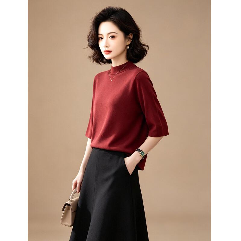 EST+II Women's Stand Collar Knitted Half-Sleeve T-Shirt