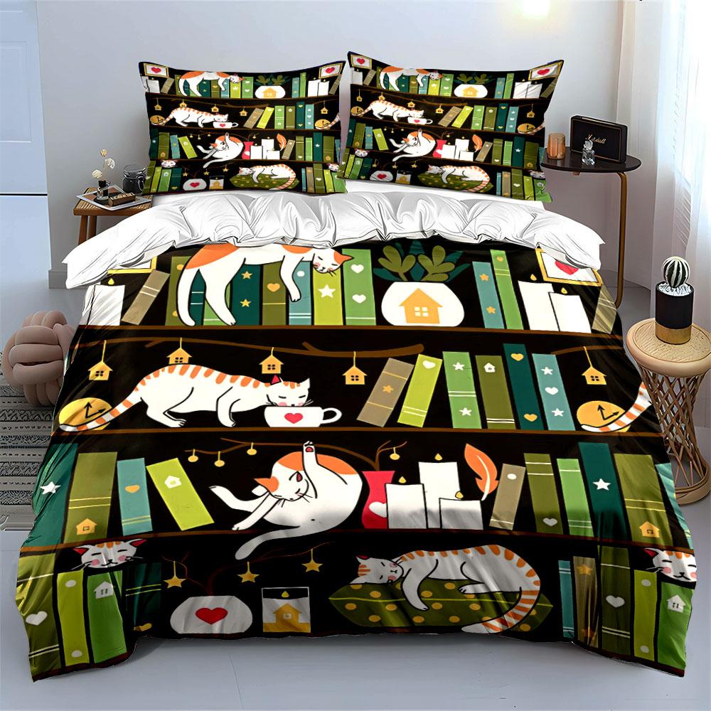 Süßes Katzen-Bücherregal-Deko-Set Mehrere Größen Kinder- und Schlafzimmer für Erwachsene Exquisites 3-teiliges Bettwäsche-Set, Geschenk