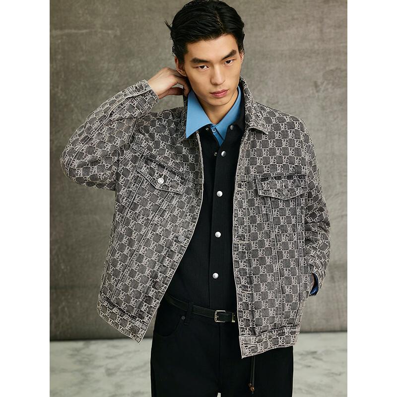 GXG Men's All-over Jacquard Washed Gray Denim Jacket