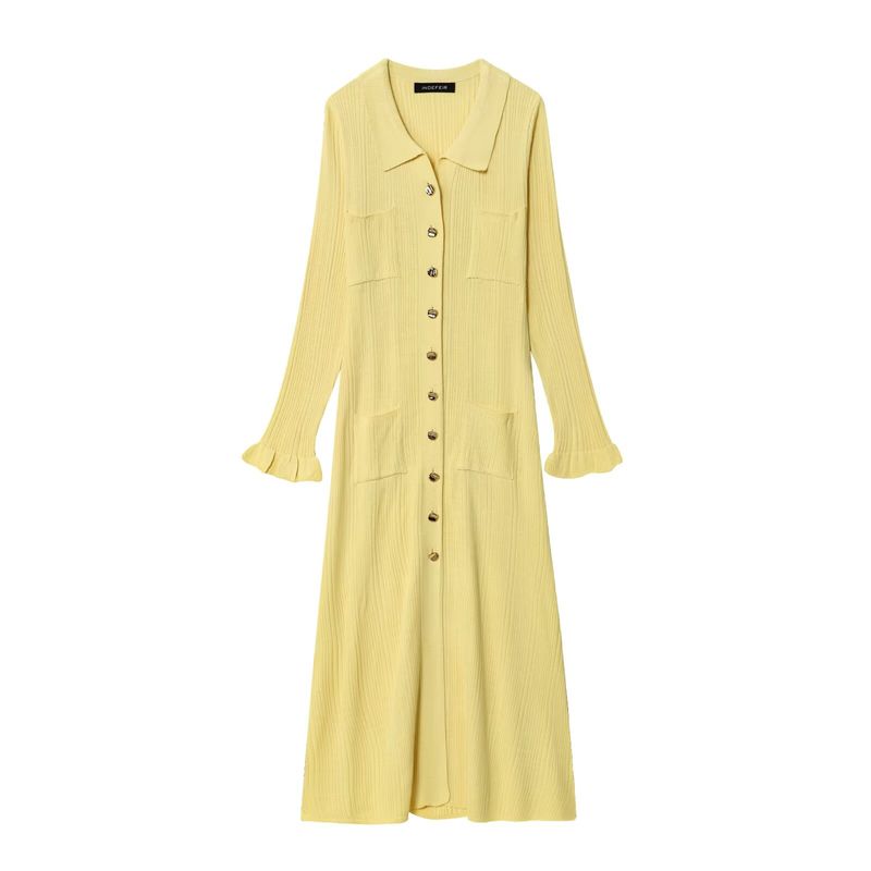 Kaslead New Women clothes Western Style Simple French style Elegant Lapel Single Breasted Long sleeve dress