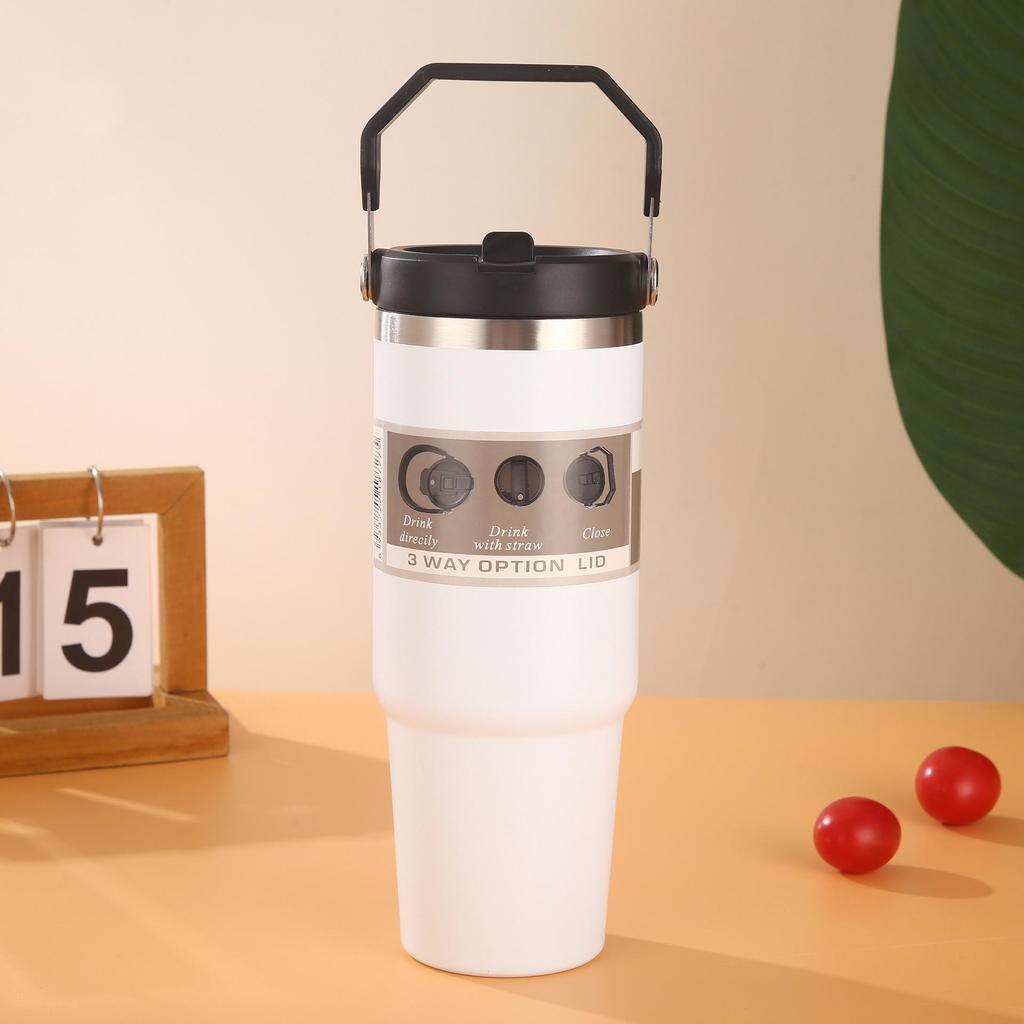 Large Capacity Insulated Stainless Steel Car Cup with Handle and Straw Lid