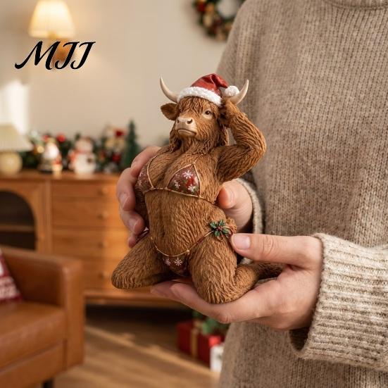 Funny Holiday Table Decor Christmas Highland Cow Figurine, Sexy Statue with Santa Hat Durable Resin Art & Xmas Bikini, Creative Desktop Tabletop