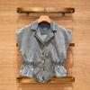 French Niche Spring Denim Suit: Sleeveless, Elastic Waist, Metal Buckle, Lapel Design