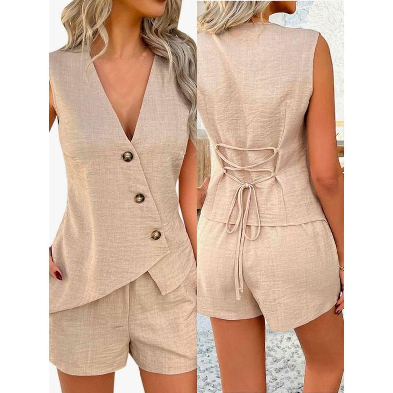 New Fashion Casual Suit European and American New Fashion Casual Lace-up Vest Shorts Two-piece Set Women