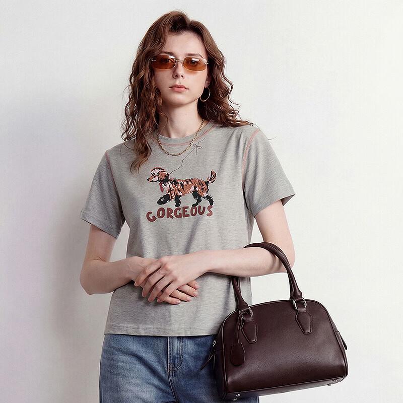 Chuyu Women's Cotton T-Shirt with Dog & Letter Print