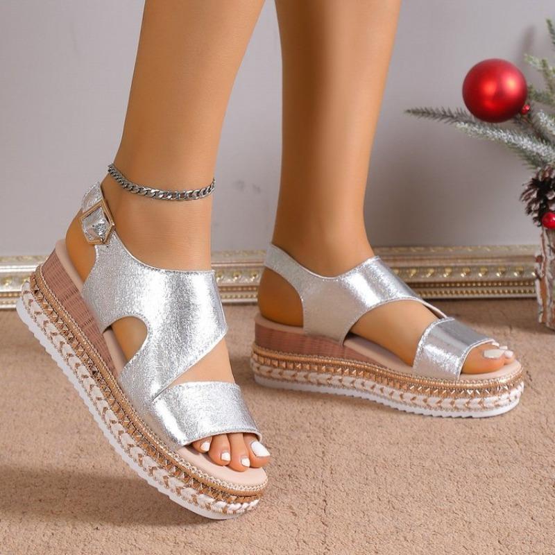 Hot Selling Sandals Platform Shoes for Women 2025 Summer Peep Toe Wedge Women's Silver Luxury  Hemp Light Casual Ladies Sandal