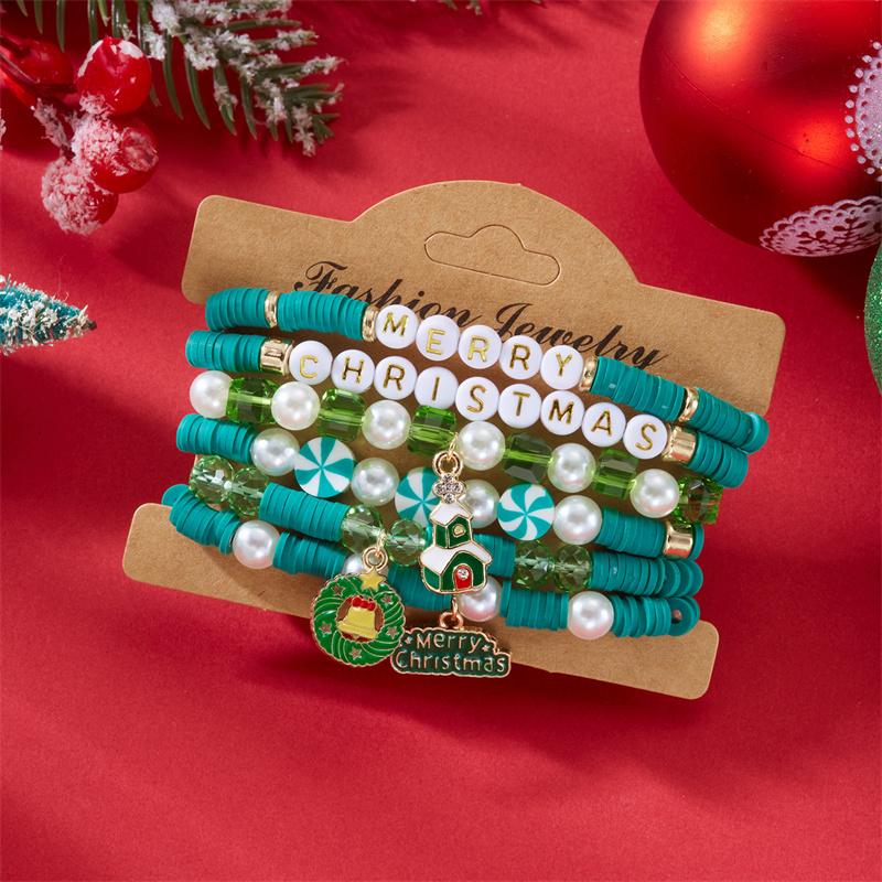 Handmade Soft Clay Beaded Christmas Bracelets Sets for Women Men Enamel Xmas Tree Bell Santa Snowflake Bracelets Trendy Jewelry