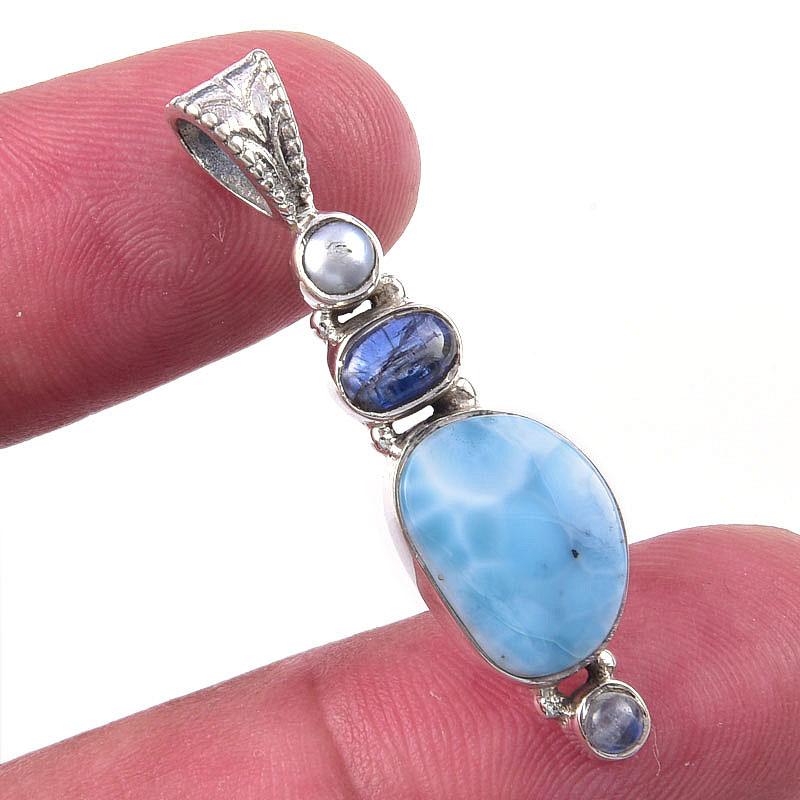 

Natural Republic Larimar, Kyanite 925 Solid Sterling Silver Pendant 1.50 q2w05
