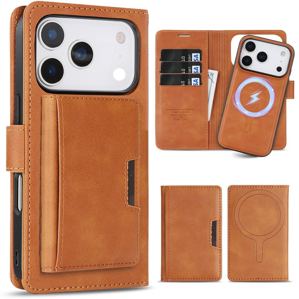 3-in-1 Luxury Leather Wallet Detachable Flip Cover For iPhone 16 15 14 13 12 17 ProMax Plus 17Air 16e Magsafe Credit Card Wallet