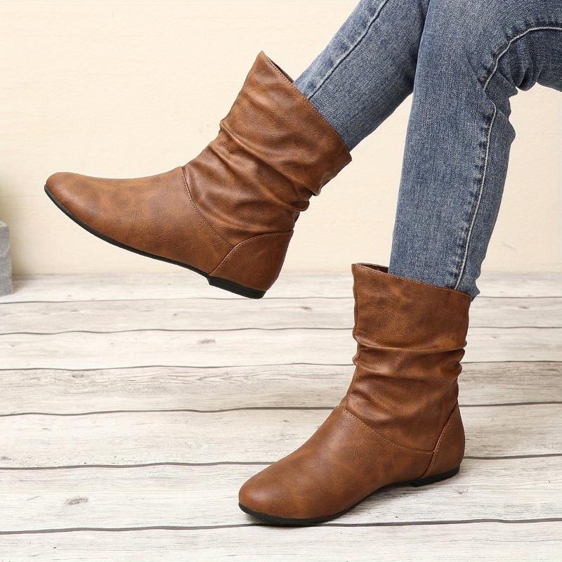 Chic Brown Faux Cover Slip-On Ankle Boots for Women | Comfortable Flat Heel, Round Toe, Wrinkled Design Casual Outfits Chic | Comfortable